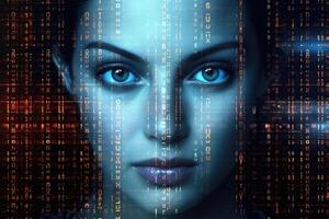 Female face against binary code. Artificial intelligence concept. photo