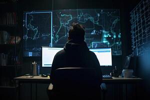 Back view of man in hoodie using computer in dark room. photo