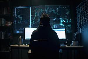 Back view of man in hoodie using computer in dark room. photo