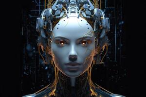 Female robot face on dark background. Artificial intelligence. photo