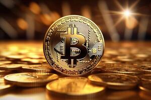 Virtual cryptocurrency. Golden Bitcoin on technology background. photo