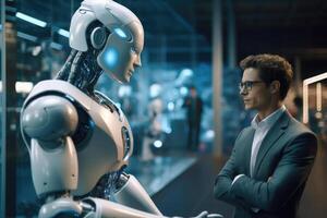 Robot with artificial intelligence interacts with human. photo
