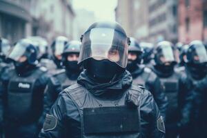 policía equipo vistiendo uniforme en el ciudad calle. generativo ai foto