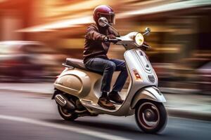 Male biker driving retro scooter at city street. photo