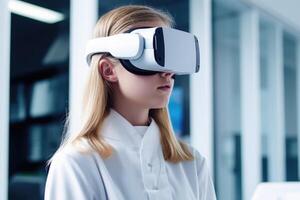 Teenage girl using virtual reality headset. photo