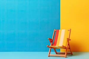 Beach chair on color background. Summer vacation concept. photo