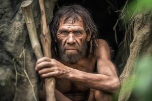 prehistórico neanderthal hombre en cueva. generativo ai foto