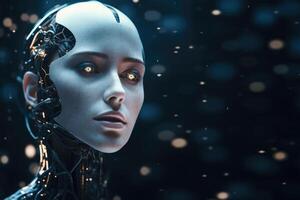 Female robot face on dark background. Artificial intelligence. photo