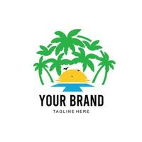 sun and beach logo with trees background vector