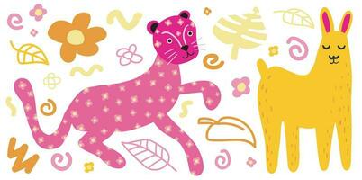 Pink leopard yellow lama cartoon vector style kit, Flat set Isolated on white, Summer childish kids party design elements