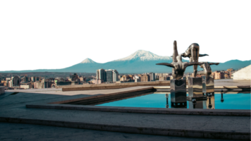 Cityscape with mountain view in the morning time isolated PNG photo with transparent background.