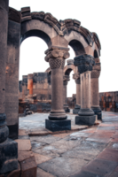 View of ancient temple column in Armenia isolated PNG photo with transparent background.