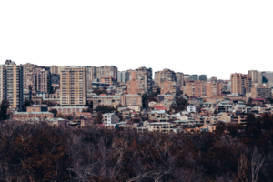 Cityscape in a day time view in full color isolated PNG photo with transparent background.