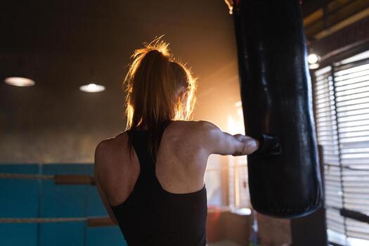 mujer yo defensa niña fuerza. fuerte mujer combatiente formación puñetazos en boxeo anillo. sano fuerte niña puñetazos boxeo bolsa. formación día en boxeo gimnasia. fuerza ajuste cuerpo rutina de ejercicio capacitación. foto