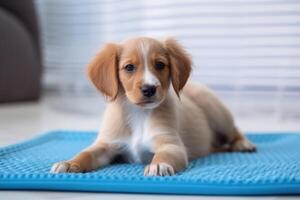 Cute dog lying on cool mat in hot day looking up, isolated, summer heat. photo