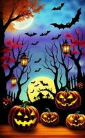 halloween illustration, glowing pumpkins on the background of the old castle, design, AI photo