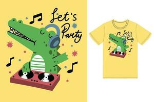 Cute crocodile playing dj music with tshirt design premium vector