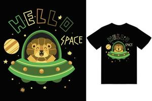 Cute lion with ufo illustration with tshirt design premium vector