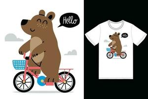 Cute bear riding bike illustration with tshirt design premium vector