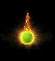 Tennis Ball, on fire on black background photo