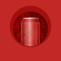 Cans with water droplets and ice on red background photo