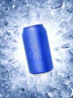 Aluminum can with water droplets, on a Ice broken splash background photo