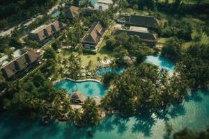 Top view aerial photo from drone of beautiful tropical coastline, resort,