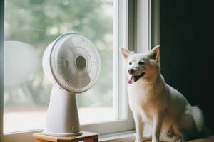 Cute dog lying on floor at home in hot day cooling under the fan, summer heat. photo