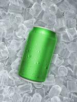 green aluminum can with water droplets, ice cubea of juicy. Summer refreshing drink photo