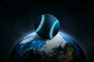 béisbol pelota con brillante azul brillante neón líneas. en noche mundo en exterior espacio resumen fondo de pantalla foto