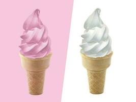 strawberry, vanilla Ice cream in the cone on white and prink background photo