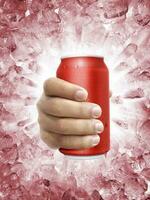Aluminum can with water droplets in hand, on a Ice broken splash background photo