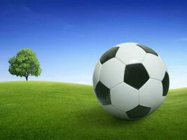 Close-up soccer ball on green grass and bright blue sky photo