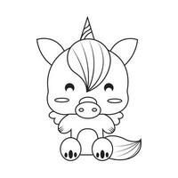 Baby unicorn sitting on cloud coloring page. Black and white cartoon illustration vector