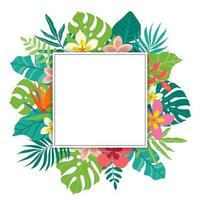 Square tropical frame with leaves and flowers, template with place for text. Vector illustration, isolated on white background.