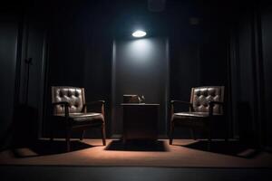 Podcast room interior with two empty chairs and spotlights. photo