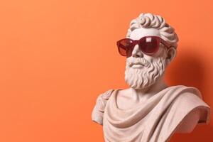 Gypsum statue in sunglasses on colored abstract background. photo