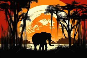 Silhouette of african animals. Elephant at sunset near trees. photo