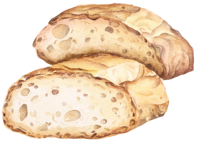 baguette Couper dans moitié, français pain. main tiré aquarelle illustration.boulangerie pour conception menu café.baked pain. png
