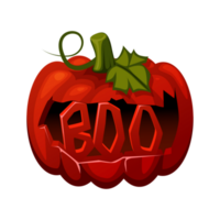 Carved red pumpkin BOO. Halloween object for greeting card. png