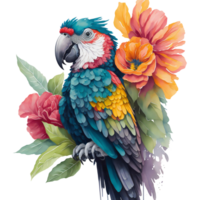 Aquarell bunt Ara Papagei Clip Art, Süd amerikanisch Papagei mit tropisch Blätter und Blumen- Blume, süß Papagei Kunst transparent ai generiert png