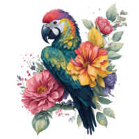 Aquarell bunt Ara Papagei Clip Art, Süd amerikanisch Papagei mit tropisch Blätter und Blumen- Blume, süß Papagei Kunst transparent ai generiert png