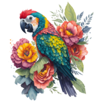 Watercolor colorful macaw parrot Clipart, South American parrot with tropical leaves and floral flower, Cute Parrot art transparent png