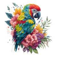 Aquarell bunt Ara Papagei Clip Art, Süd amerikanisch Papagei mit tropisch Blätter und Blumen- Blume, süß Papagei Kunst transparent ai generiert png