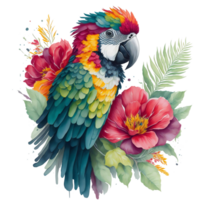 waterverf kleurrijk ara papegaai clip art, zuiden Amerikaans papegaai met tropisch bladeren en bloemen bloem, schattig papegaai kunst transparant ai gegenereerd png