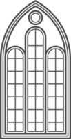 gotik kyrka fönster. arkitektur båge med glas. gammal slott och katedral ram. medeltida färgade interiör design. årgång illustration png