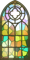 Gothic stained glass window. Church medieval arch. Catholic cathedral mosaic frame. Old architecture design png