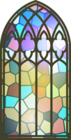 Gothic stained glass window. Church medieval arch. Catholic cathedral mosaic frame. Old architecture design png