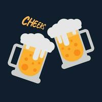 International beer day celebration. Cheers two mug of beer on dark blue background in flat style. vector