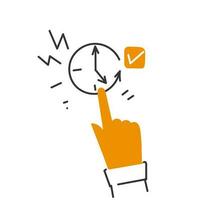 hand drawn doodle person hand showing clock icon for success delivery concept vector